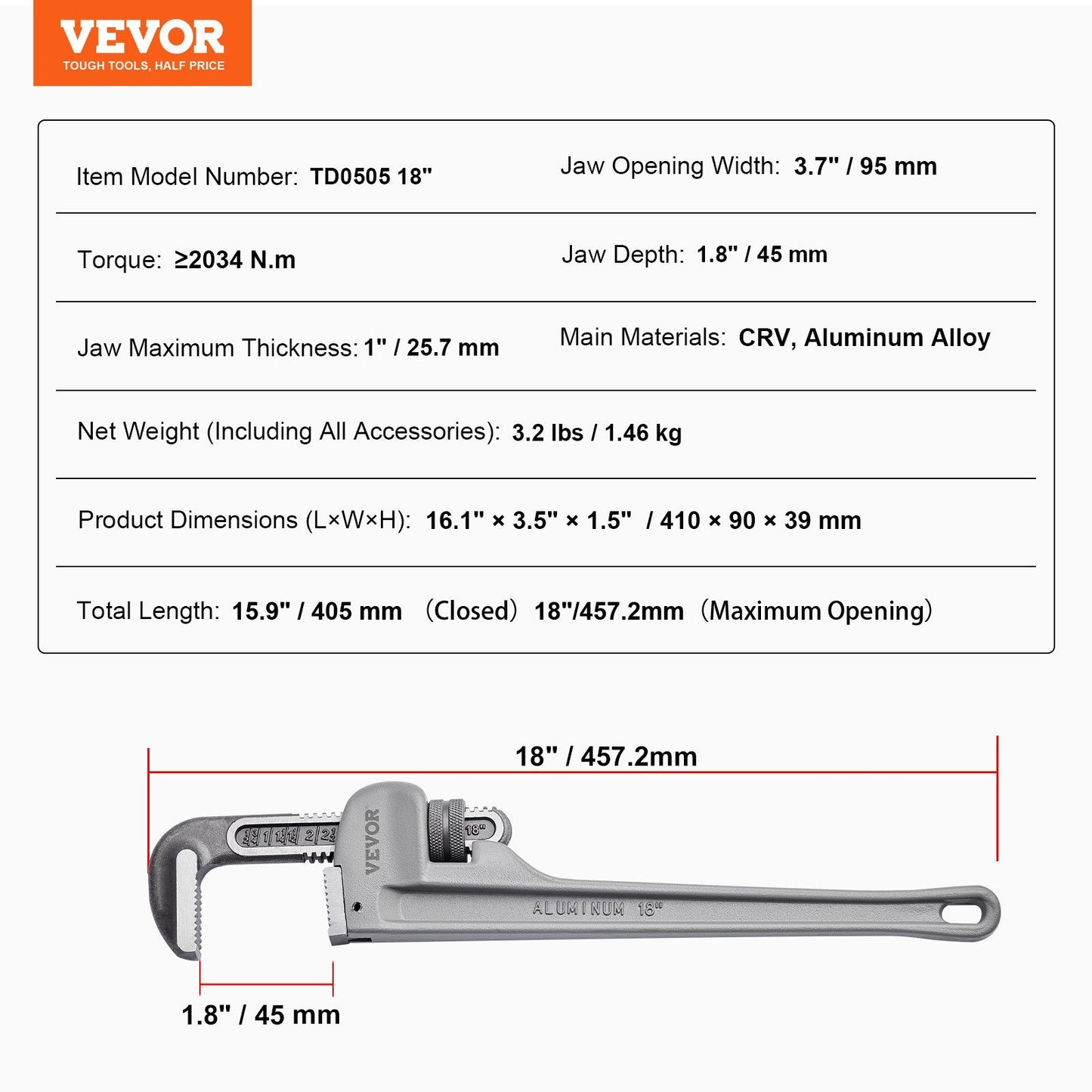 18" Aluminum Plumbing Wrench, Lightweight & Ergonomic, 1.46 kg, Adjustable Jaw