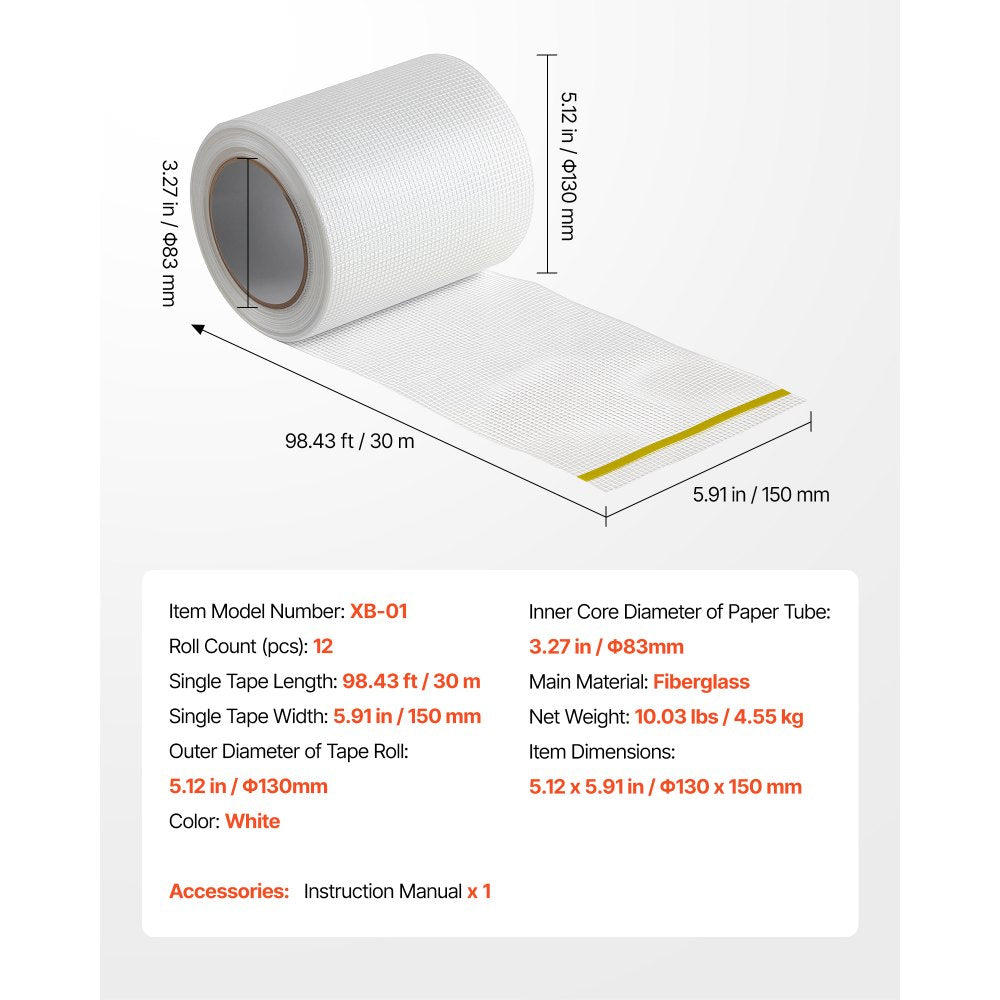 12 Rolls 30m x 150mm Self-Adhesive Fiberglass Drywall Mesh Tape