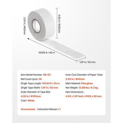 36 Rolls 45m x 50mm Self-Adhesive Fiberglass Drywall Mesh Tape