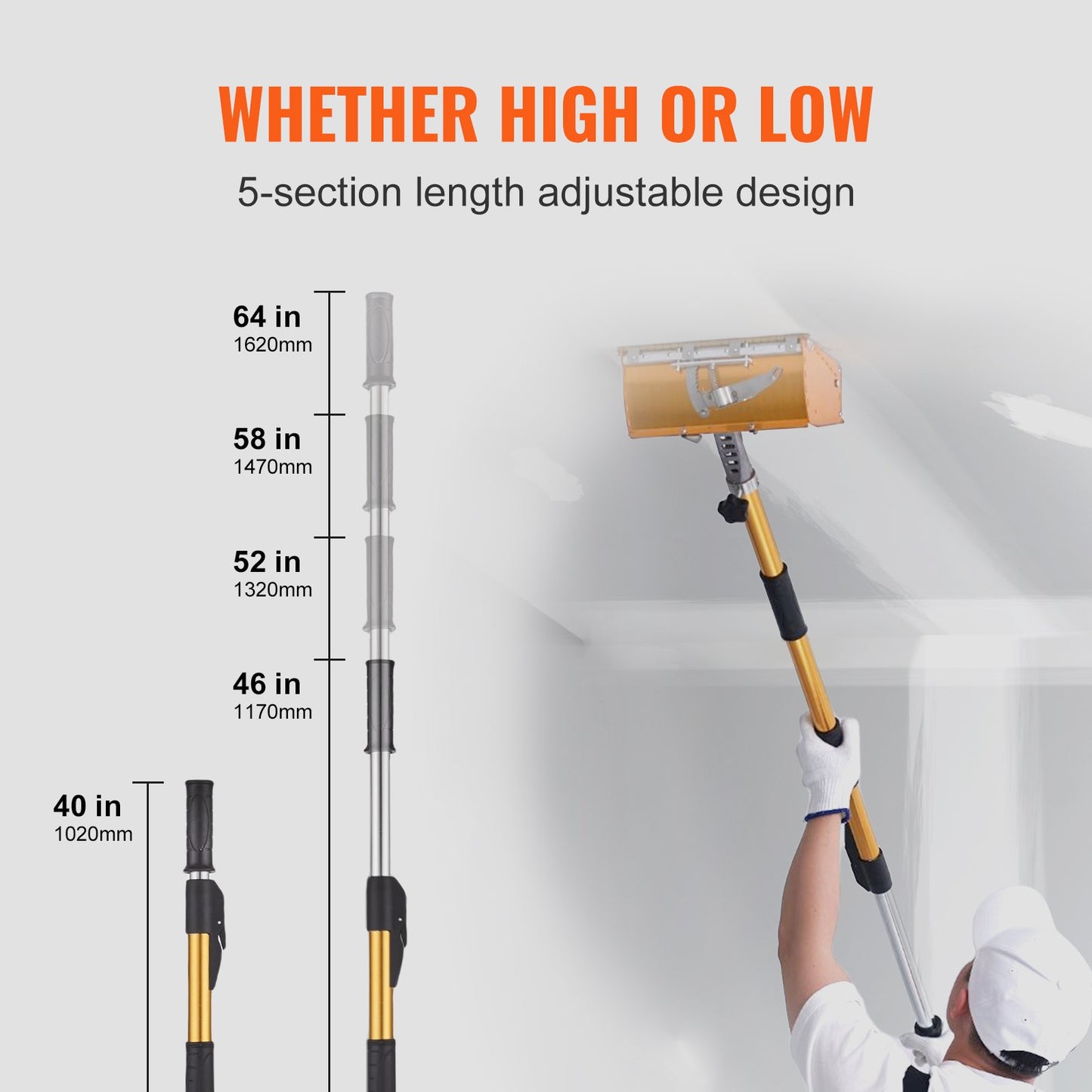 VEVOR Drywall Flat Box Handle, 40''-64'', Anodized Aluminum Flat Finishing Extension
