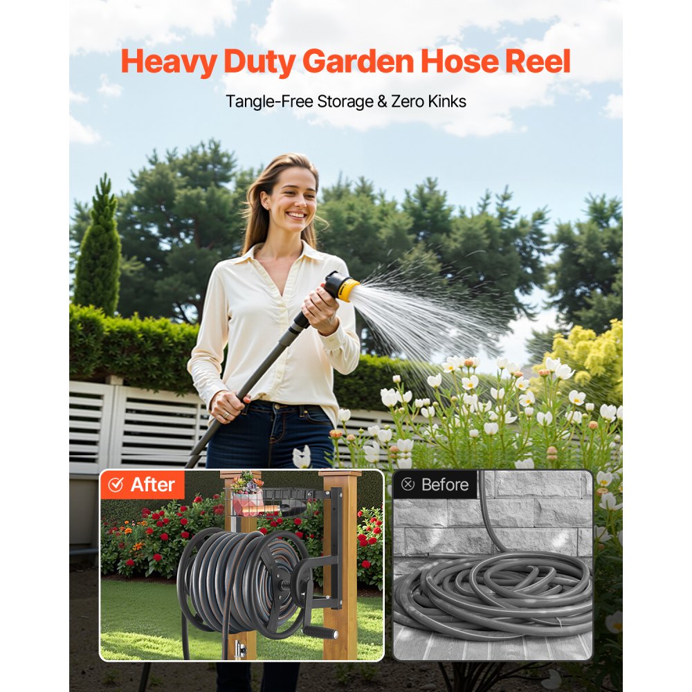 Wall Mounted Garden Hose Reel 125ft 5/8 in Metal Hose Reel with Basket