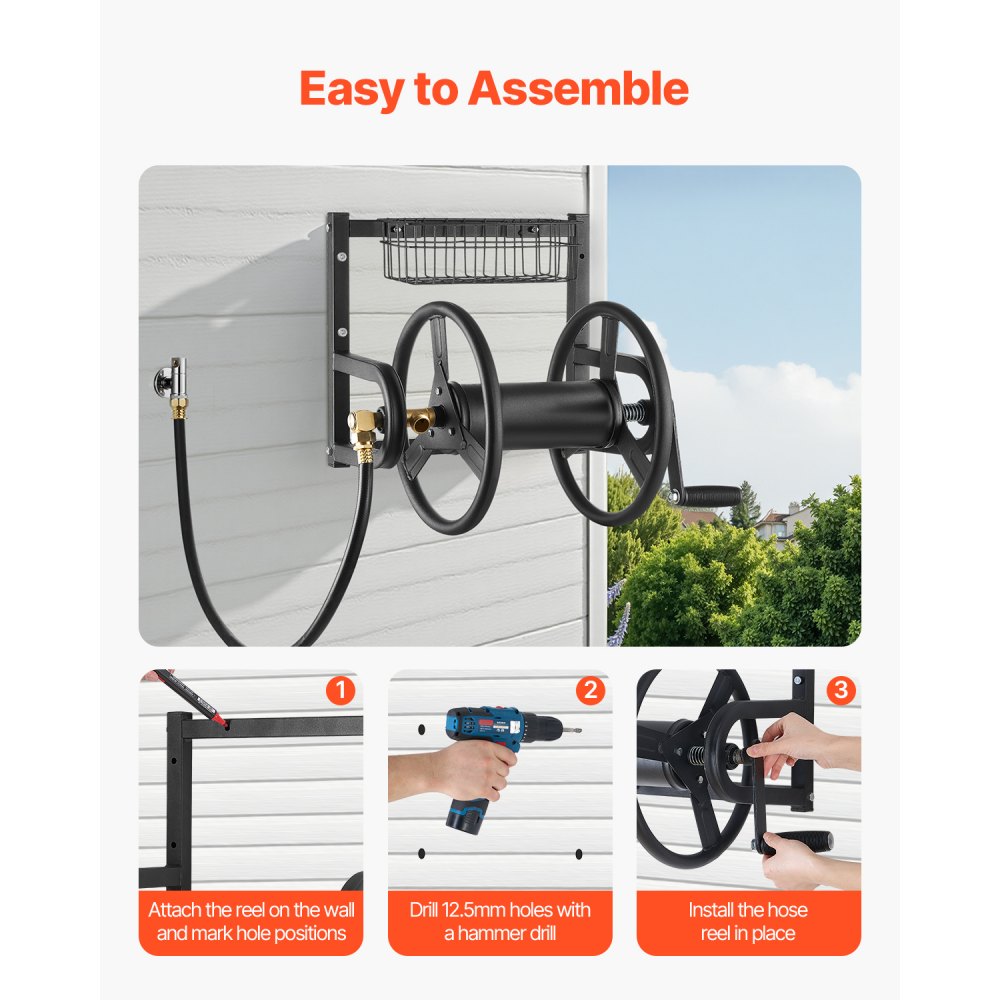 Wall Mounted Garden Hose Reel 125ft 5/8 in Metal Hose Reel with Basket