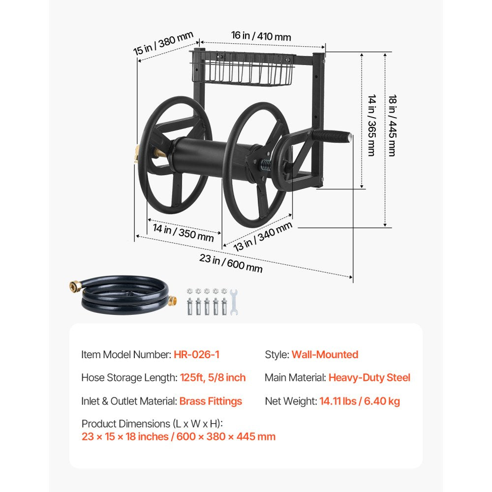 Wall Mounted Garden Hose Reel 125ft 5/8 in Metal Hose Reel with Basket