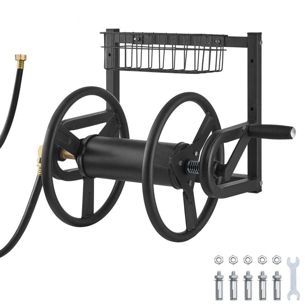 Wall Mounted Garden Hose Reel 125ft 5/8 in Metal Hose Reel with Basket