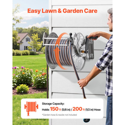 VEVOR Wall Mounted Garden Hose Reel 150ft 5/8 in Hose Winder with Hose Guide