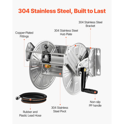 VEVOR Wall Mounted Garden Hose Reel 150ft 5/8 in Hose Winder with Hose Guide