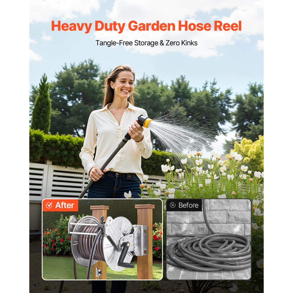 VEVOR Wall Mounted Garden Hose Reel 150ft 5/8 in Hose Winder with Hose Guide