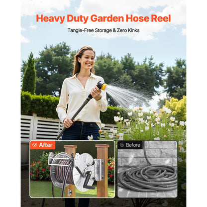 VEVOR Wall Mounted Garden Hose Reel 150ft 5/8 in Hose Winder with Hose Guide