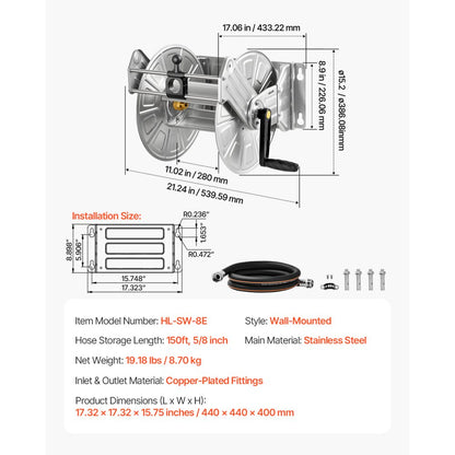 VEVOR Wall Mounted Garden Hose Reel 150ft 5/8 in Hose Winder with Hose Guide