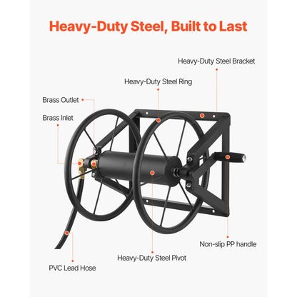 Wall Mounted Garden Hose Reel 200ft 5/8 in Hose Winder 5ft Leader Hose