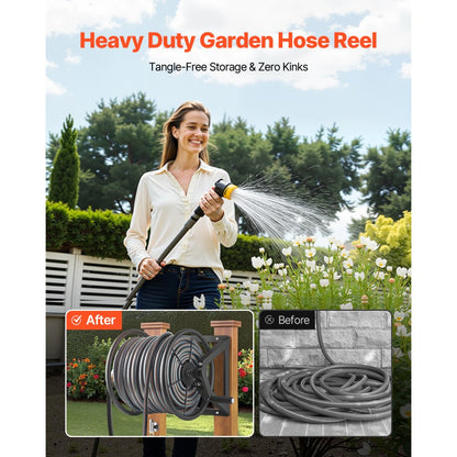 Wall Mounted Garden Hose Reel 200ft 5/8 in Hose Winder 5ft Leader Hose