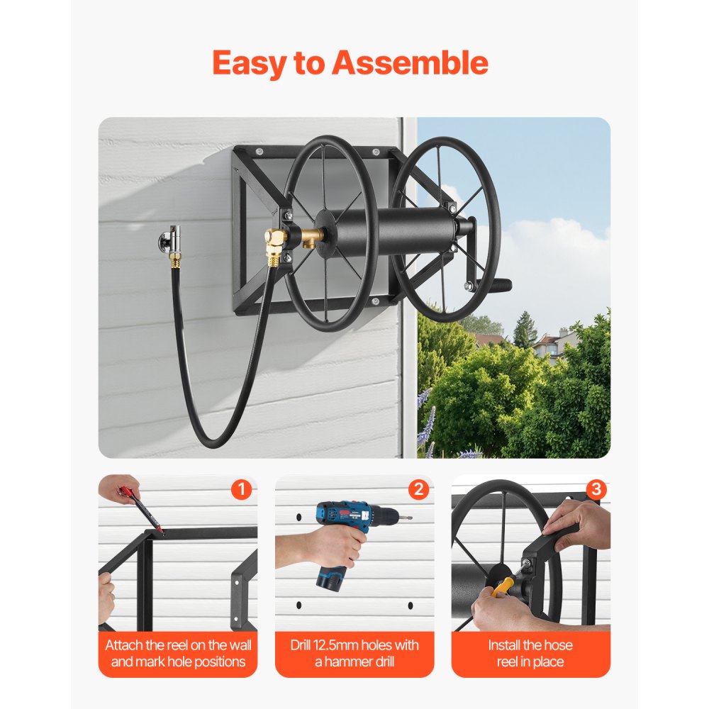 Wall Mounted Garden Hose Reel 200ft 5/8 in Hose Winder 5ft Leader Hose