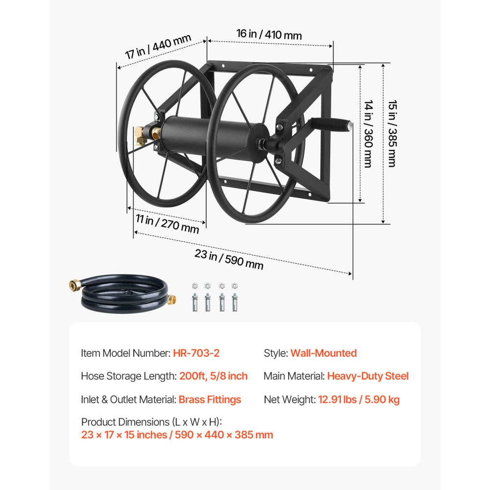 Wall Mounted Garden Hose Reel 200ft 5/8 in Hose Winder 5ft Leader Hose