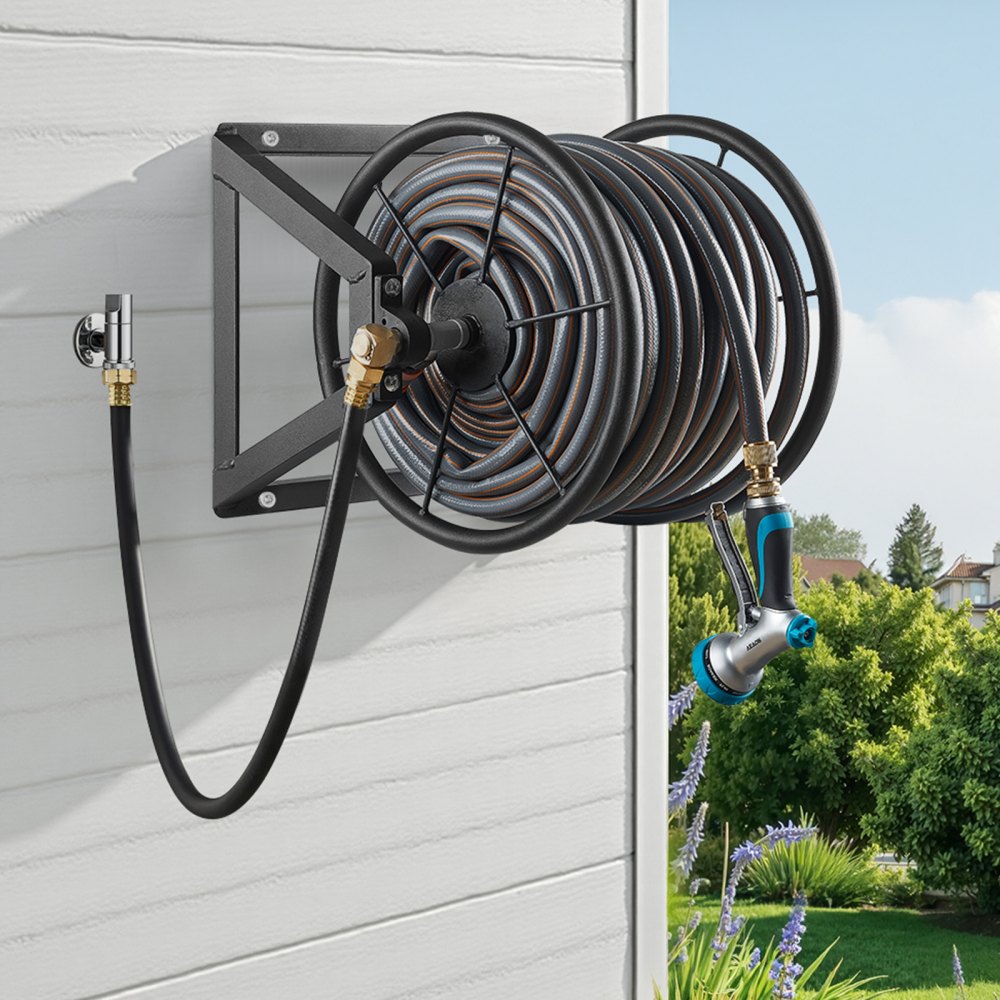 Wall Mounted Garden Hose Reel 200ft 5/8 in Hose Winder 5ft Leader Hose