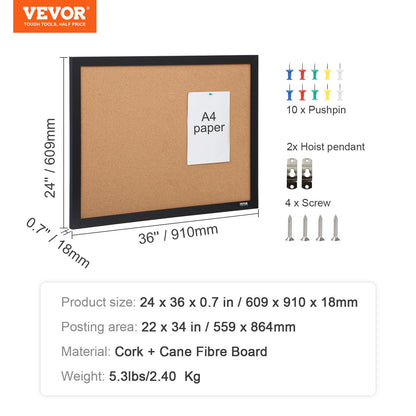 VEVOR Cork Board Bulletin Board 36" x 24" with MDF Sticker Frame Wall Mounted