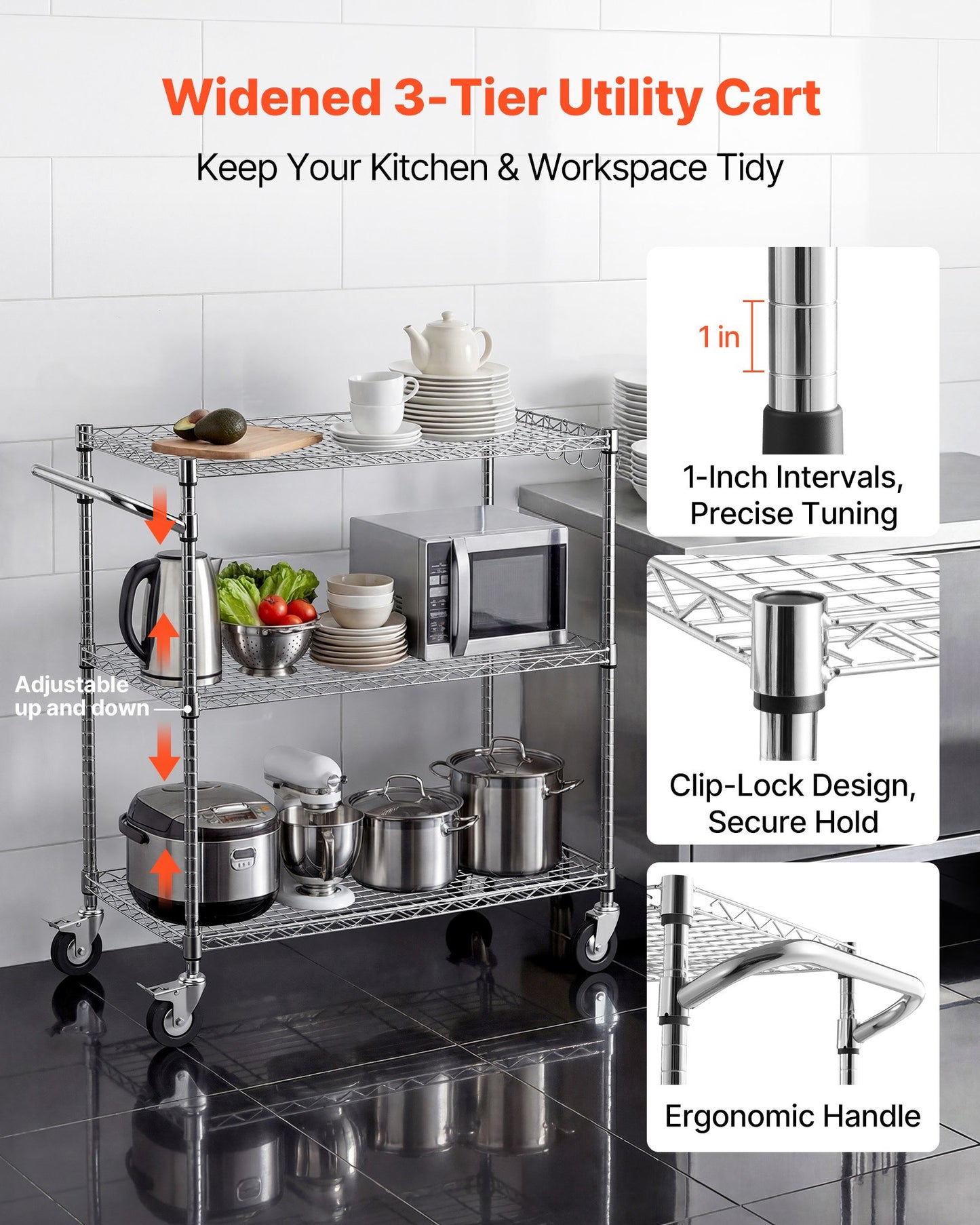 Kitchen Utility Cart, 3 Tier Heavy Duty Adjustable Wire Storage Rack, Commercial Steel Rolling Service Trolley on Wheels, Work Table with Handle Bar, for Garage and Laundry Room, 89x45x104 cm