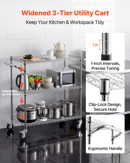 Kitchen Utility Cart, 3 Tier Heavy Duty Adjustable Wire Storage Rack, Commercial Steel Rolling Service Trolley on Wheels, Work Table with Handle Bar, for Garage and Laundry Room, 89x45x104 cm
