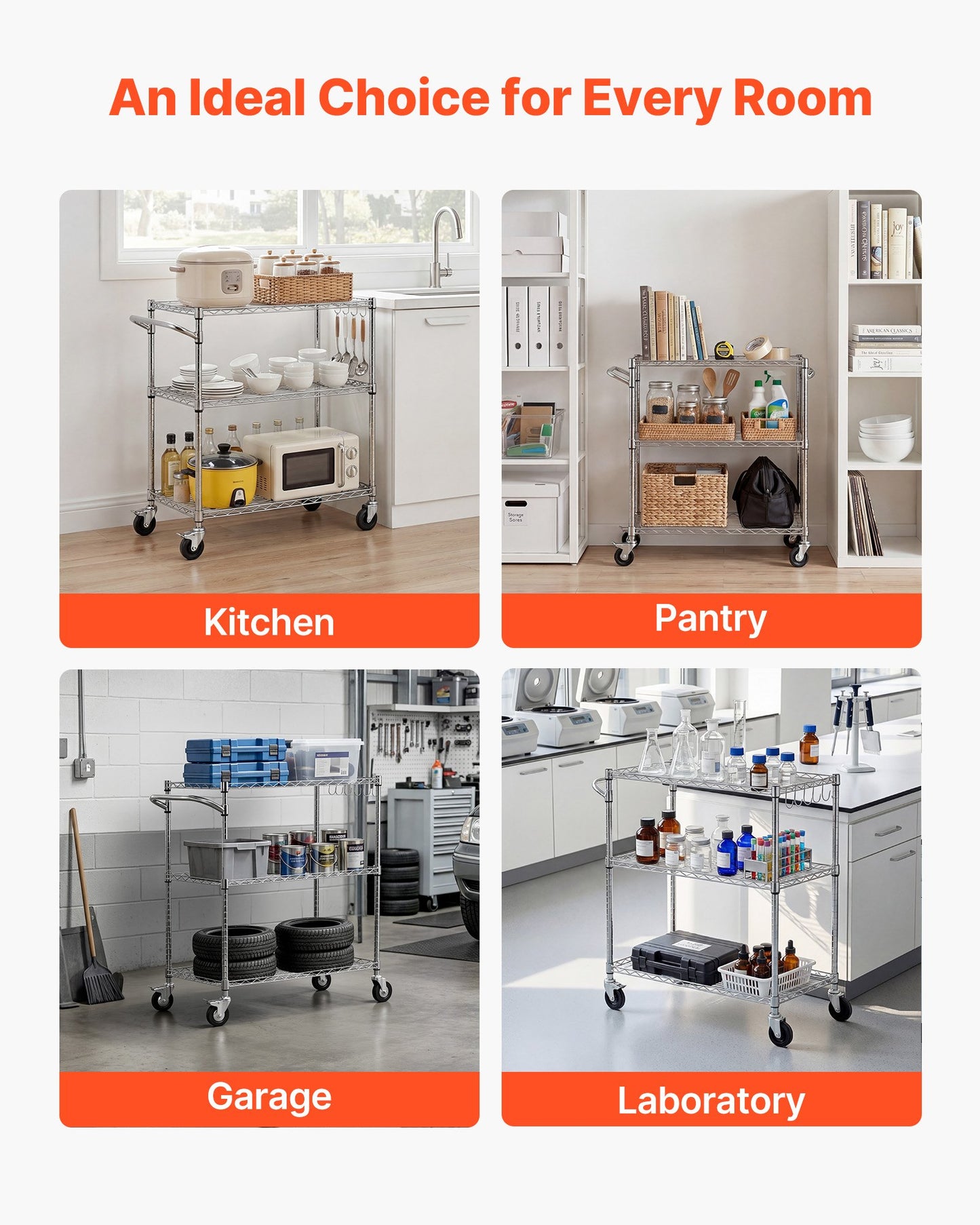 Kitchen Utility Cart, 3 Tier Heavy Duty Adjustable Wire Storage Rack, Commercial Steel Rolling Service Trolley on Wheels, Work Table with Handle Bar, for Garage and Laundry Room, 89x45x104 cm