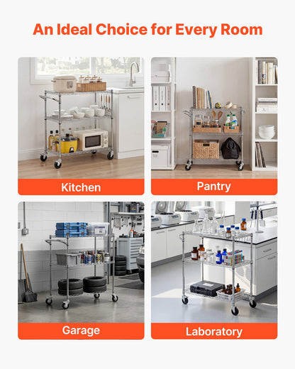 Kitchen Utility Cart, 3 Tier Heavy Duty Adjustable Wire Storage Rack, Commercial Steel Rolling Service Trolley on Wheels, Work Table with Handle Bar, for Garage and Laundry Room, 89x45x104 cm