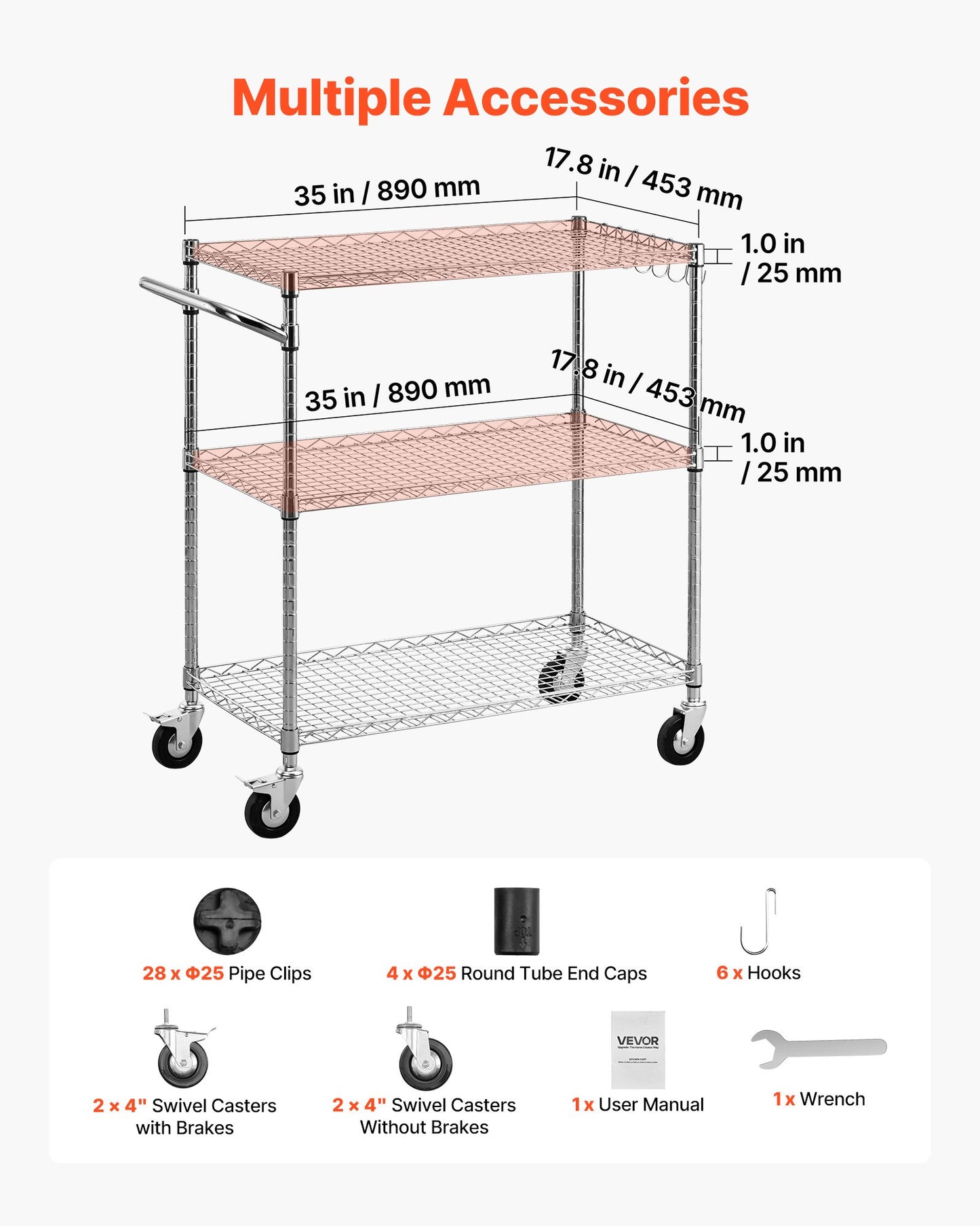 Kitchen Utility Cart, 3 Tier Heavy Duty Adjustable Wire Storage Rack, Commercial Steel Rolling Service Trolley on Wheels, Work Table with Handle Bar, for Garage and Laundry Room, 89x45x104 cm