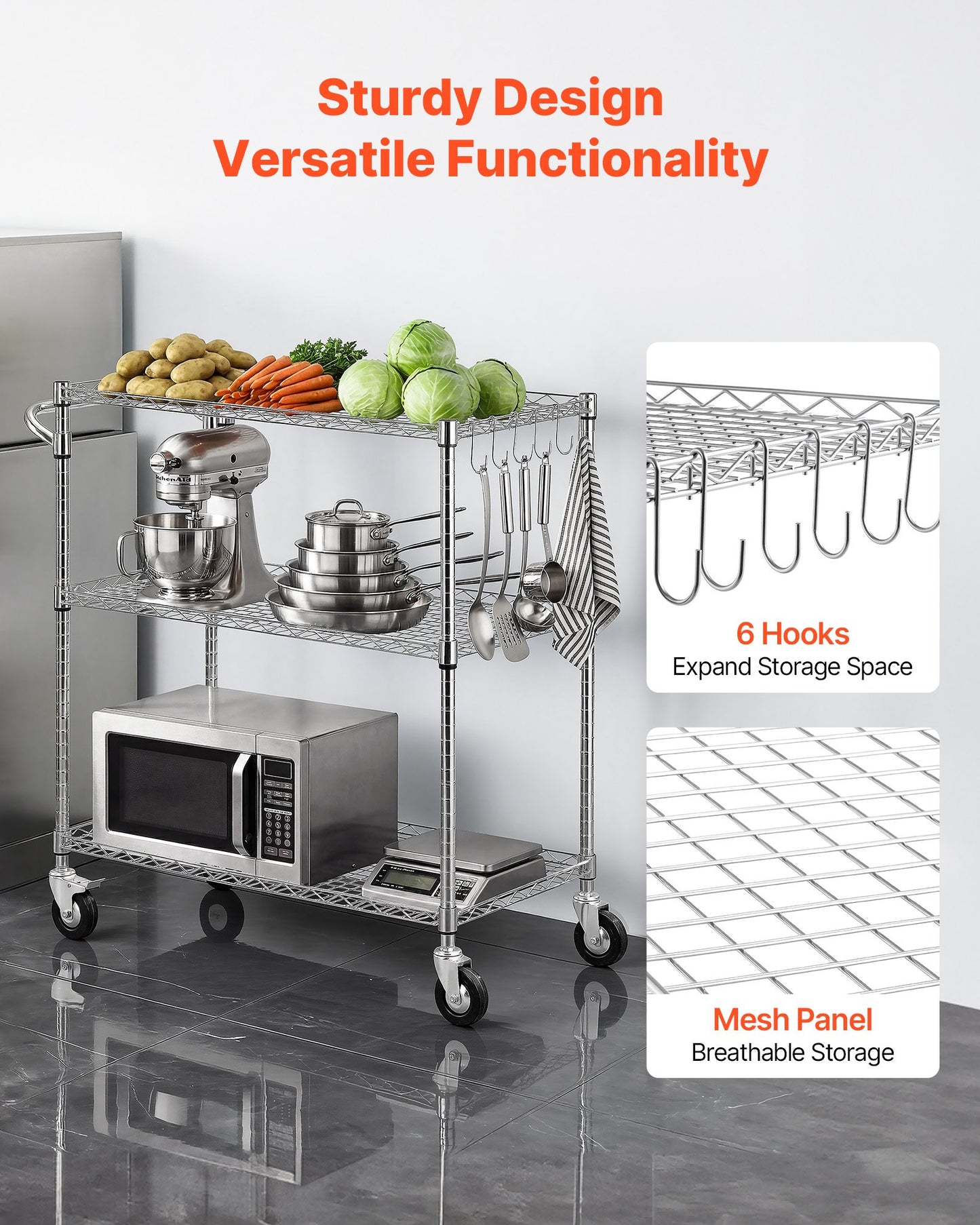 Kitchen Utility Cart, 3 Tier Heavy Duty Adjustable Wire Storage Rack, Commercial Steel Rolling Service Trolley on Wheels, Work Table with Handle Bar, for Garage and Laundry Room, 89x45x104 cm