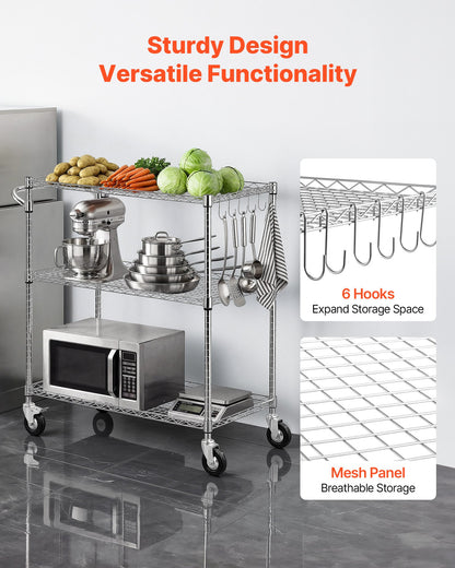Kitchen Utility Cart, 3 Tier Heavy Duty Adjustable Wire Storage Rack, Commercial Steel Rolling Service Trolley on Wheels, Work Table with Handle Bar, for Garage and Laundry Room, 89x45x104 cm
