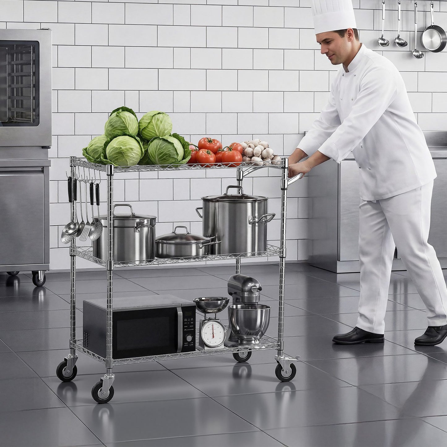 Kitchen Utility Cart, 3 Tier Heavy Duty Adjustable Wire Storage Rack, Commercial Steel Rolling Service Trolley on Wheels, Work Table with Handle Bar, for Garage and Laundry Room, 89x45x104 cm