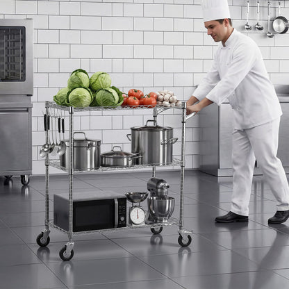 Kitchen Utility Cart, 3 Tier Heavy Duty Adjustable Wire Storage Rack, Commercial Steel Rolling Service Trolley on Wheels, Work Table with Handle Bar, for Garage and Laundry Room, 89x45x104 cm