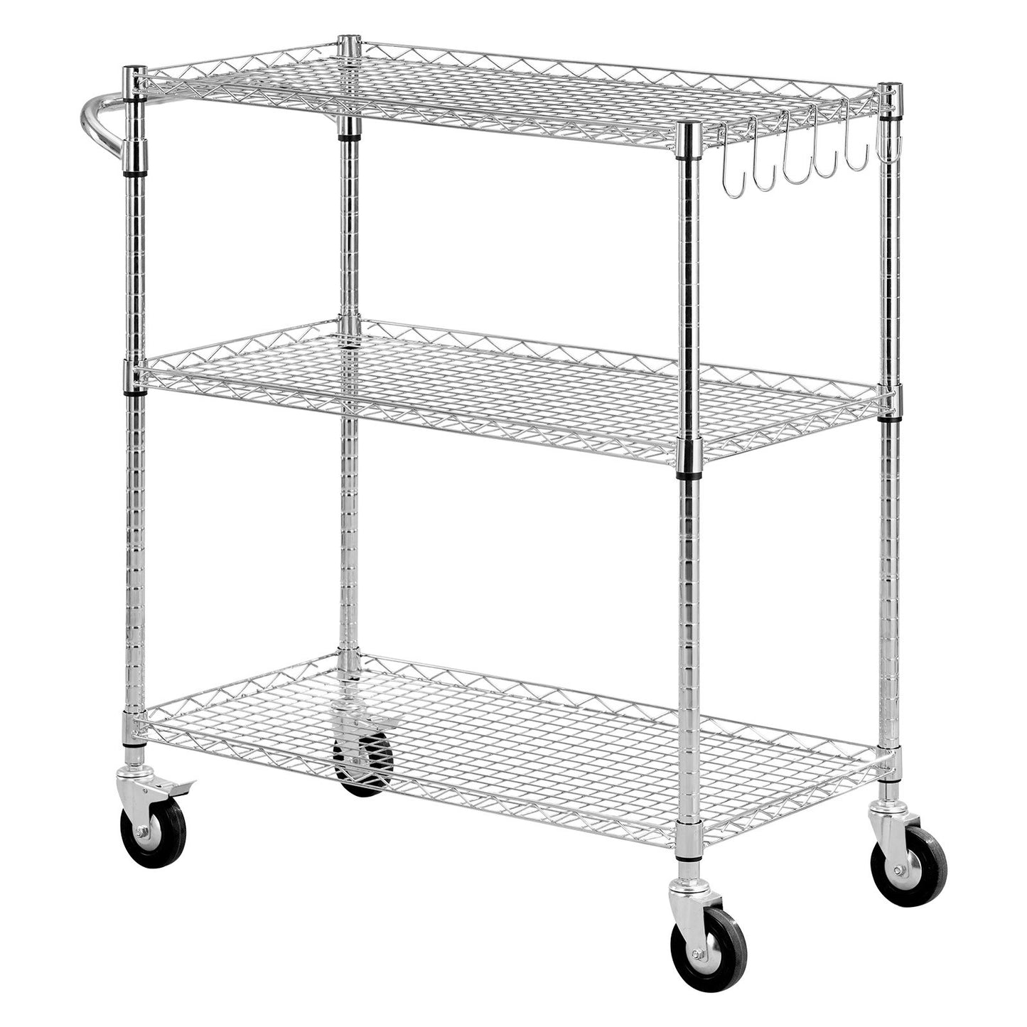 Kitchen Utility Cart, 3 Tier Heavy Duty Adjustable Wire Storage Rack, Commercial Steel Rolling Service Trolley on Wheels, Work Table with Handle Bar, for Garage and Laundry Room, 89x45x104 cm