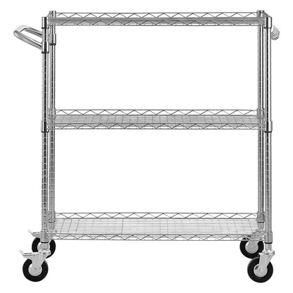 Kitchen Utility Cart, 3 Tier Heavy Duty Adjustable Wire Storage Rack, Commercial Steel Rolling Service Trolley on Wheels, Work Table with Handle Bar, for Garage and Laundry Room, 89x45x104 cm