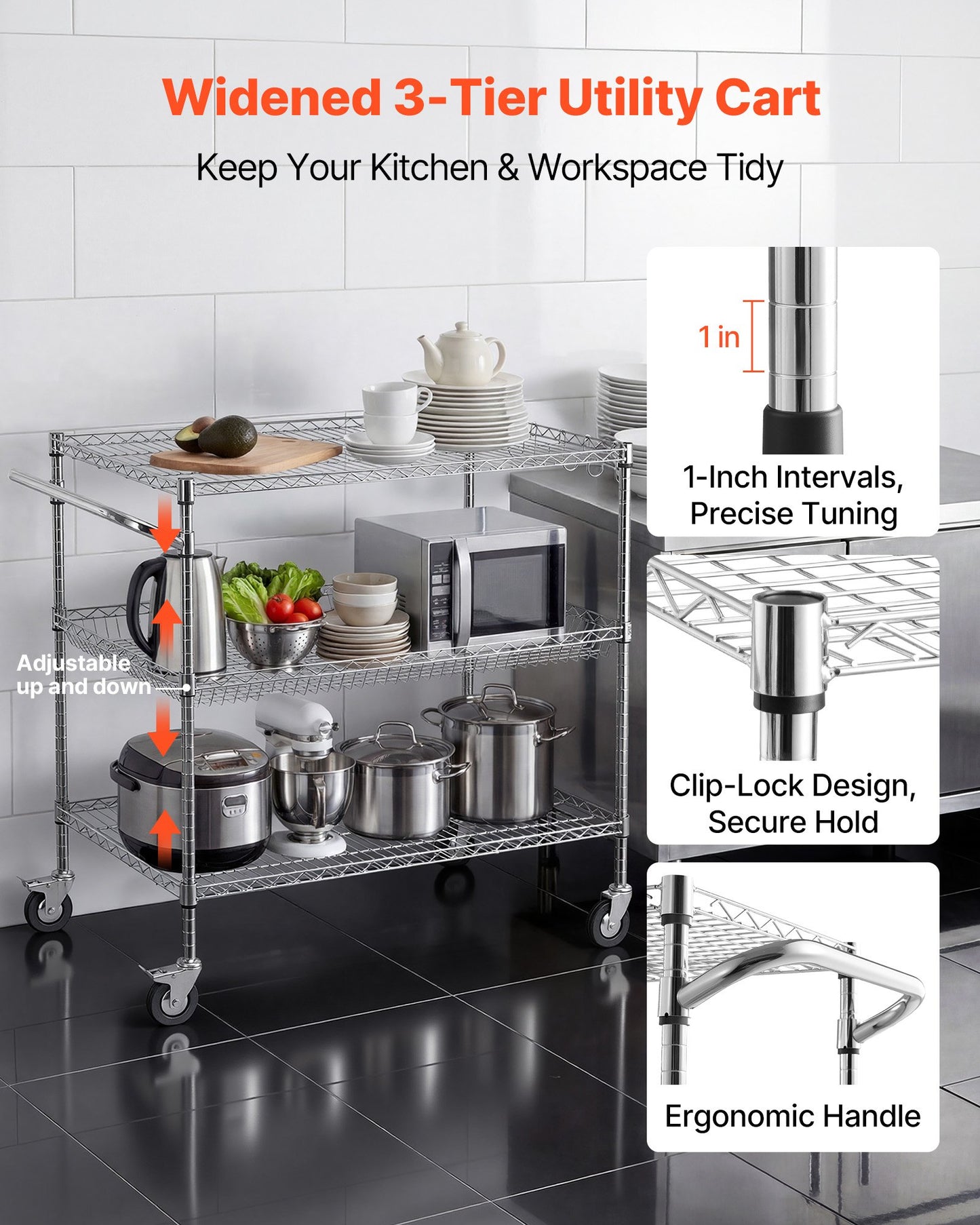Kitchen Utility Cart, 3 Tier Heavy Duty Adjustable Wire Storage Rack, Commercial Steel Rolling Service Trolley on Wheels, Work Table with Handle Bar, for Garage and Laundry Room, 102x63x104 cm