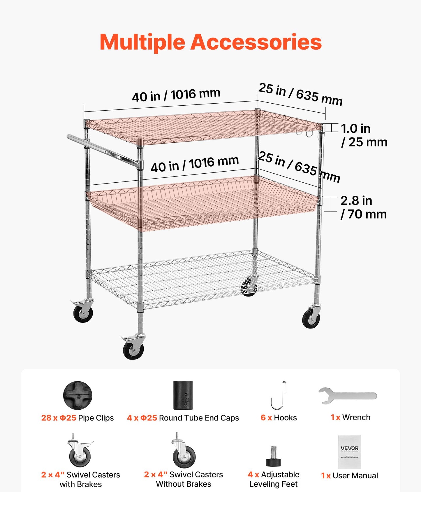 Kitchen Utility Cart, 3 Tier Heavy Duty Adjustable Wire Storage Rack, Commercial Steel Rolling Service Trolley on Wheels, Work Table with Handle Bar, for Garage and Laundry Room, 102x63x104 cm