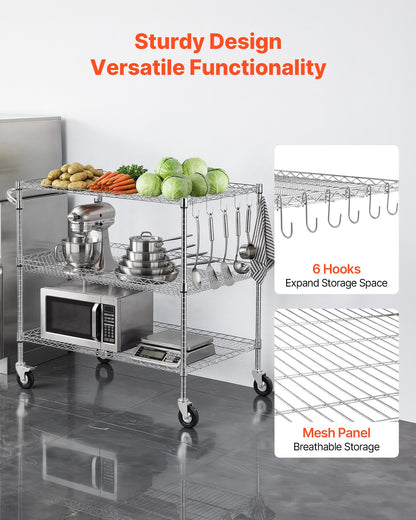 Kitchen Utility Cart, 3 Tier Heavy Duty Adjustable Wire Storage Rack, Commercial Steel Rolling Service Trolley on Wheels, Work Table with Handle Bar, for Garage and Laundry Room, 102x63x104 cm