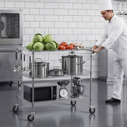 Kitchen Utility Cart, 3 Tier Heavy Duty Adjustable Wire Storage Rack, Commercial Steel Rolling Service Trolley on Wheels, Work Table with Handle Bar, for Garage and Laundry Room, 102x63x104 cm