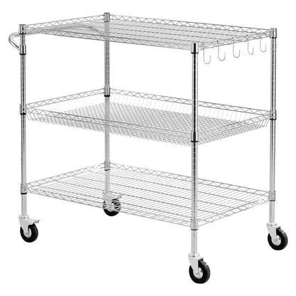 Kitchen Utility Cart, 3 Tier Heavy Duty Adjustable Wire Storage Rack, Commercial Steel Rolling Service Trolley on Wheels, Work Table with Handle Bar, for Garage and Laundry Room, 102x63x104 cm
