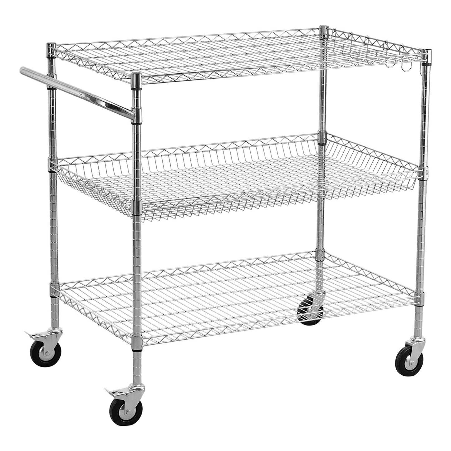 Kitchen Utility Cart, 3 Tier Heavy Duty Adjustable Wire Storage Rack, Commercial Steel Rolling Service Trolley on Wheels, Work Table with Handle Bar, for Garage and Laundry Room, 102x63x104 cm