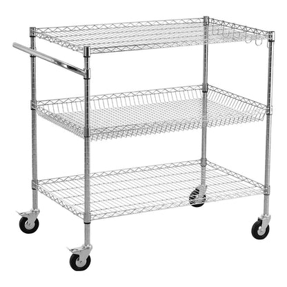 Kitchen Utility Cart, 3 Tier Heavy Duty Adjustable Wire Storage Rack, Commercial Steel Rolling Service Trolley on Wheels, Work Table with Handle Bar, for Garage and Laundry Room, 102x63x104 cm