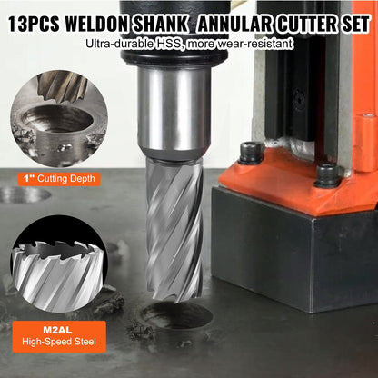Annular Cutter Set, 13-Piece, Weldon Shank, 2.54 cm Depth, M2AL HSS Steel