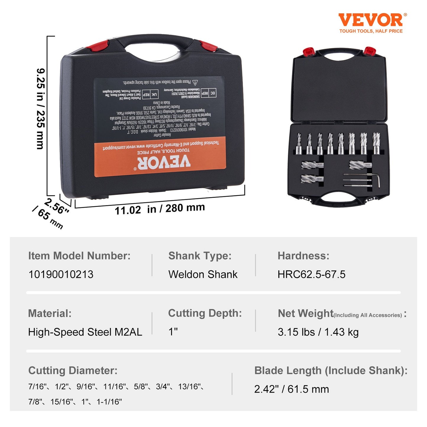 VEVOR Annular Cutter Set, 13 pcs Weldon Shank Mag Drill Bits, 1" Cutting Depth,