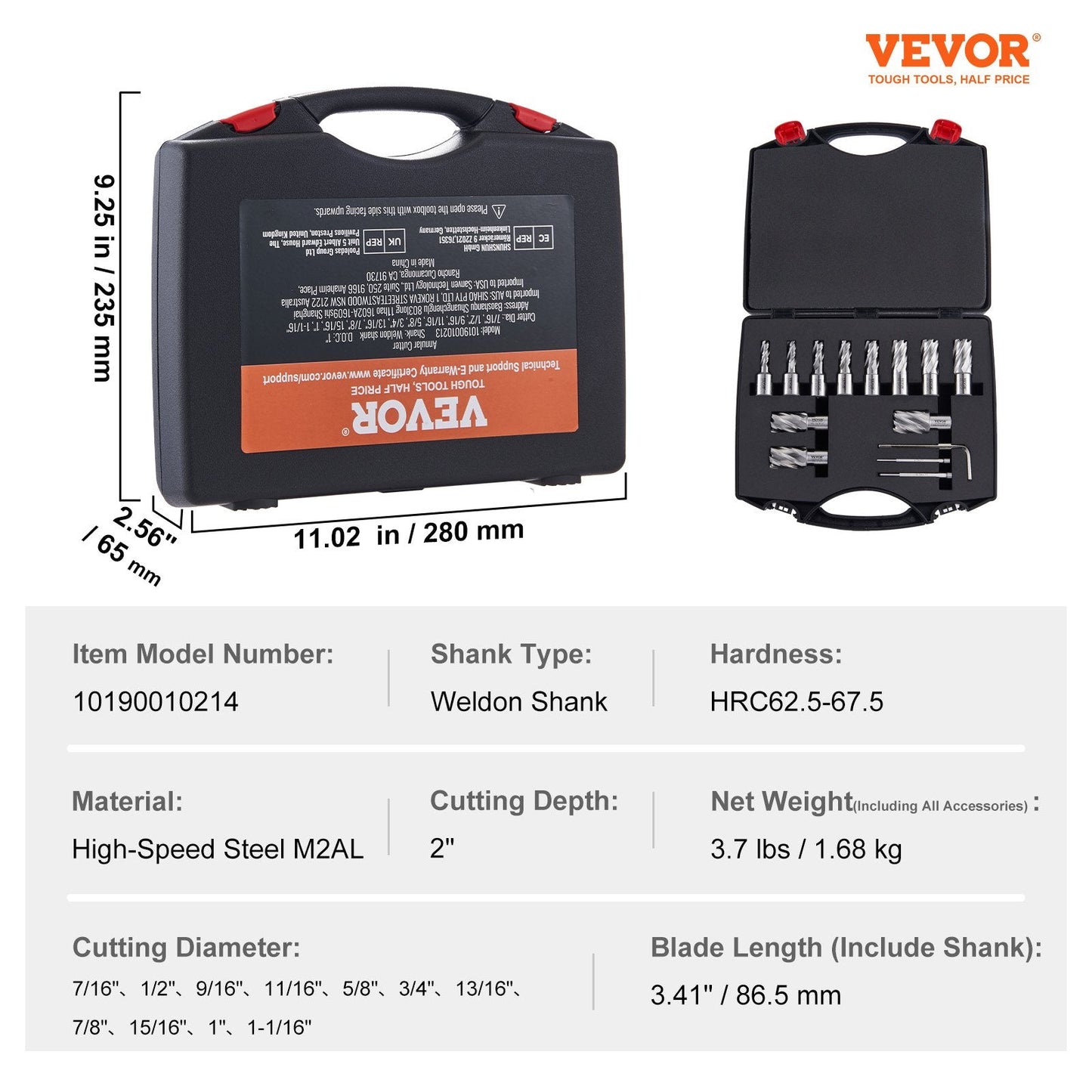 13-Piece Annular Cutter Set, 50mm Depth, 11-27mm Diameter, M2AL HSS with Case
