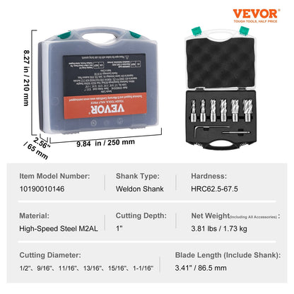 6-Piece Weldon Shank Annular Cutter Set, 26mm Depth, M2AL Steel Bits