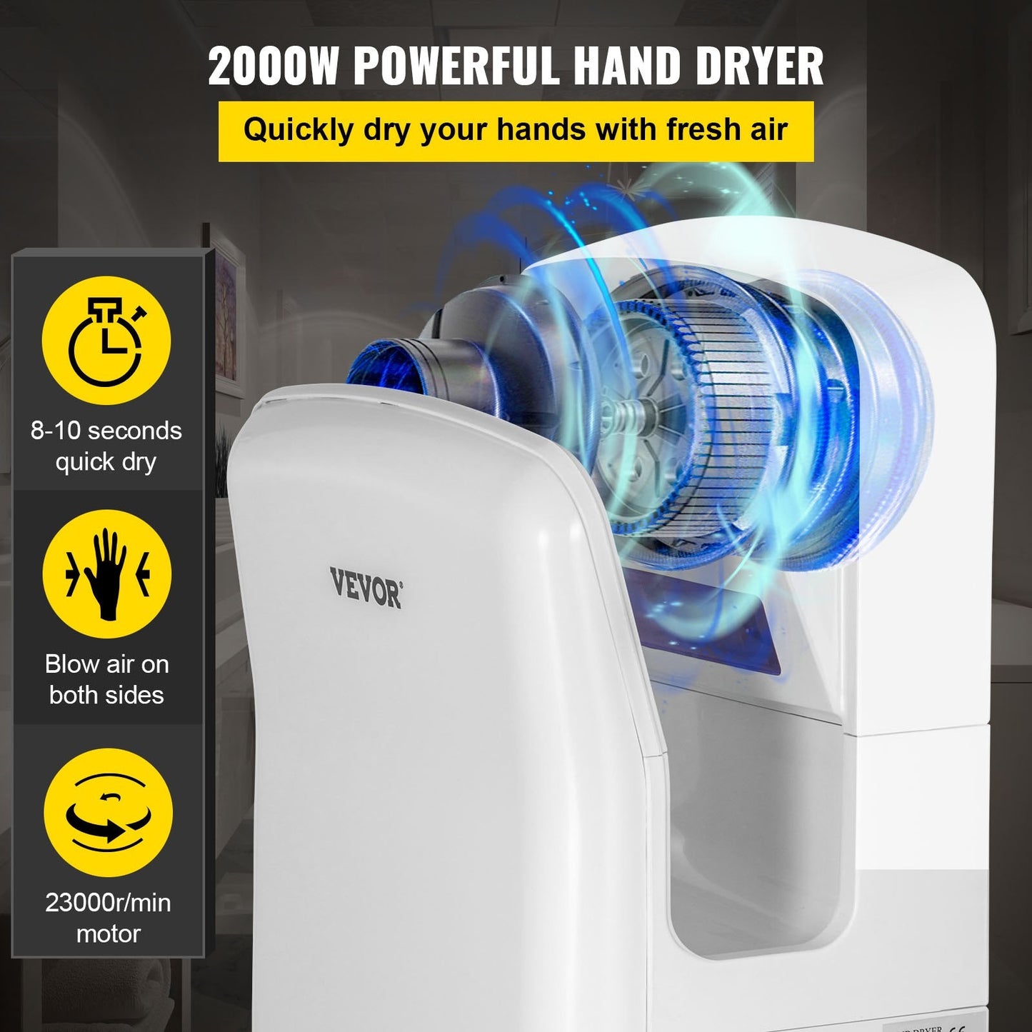 Automatic High-Speed Jet Hand Dryer with HEPA Filtration, White, 8.8 kg