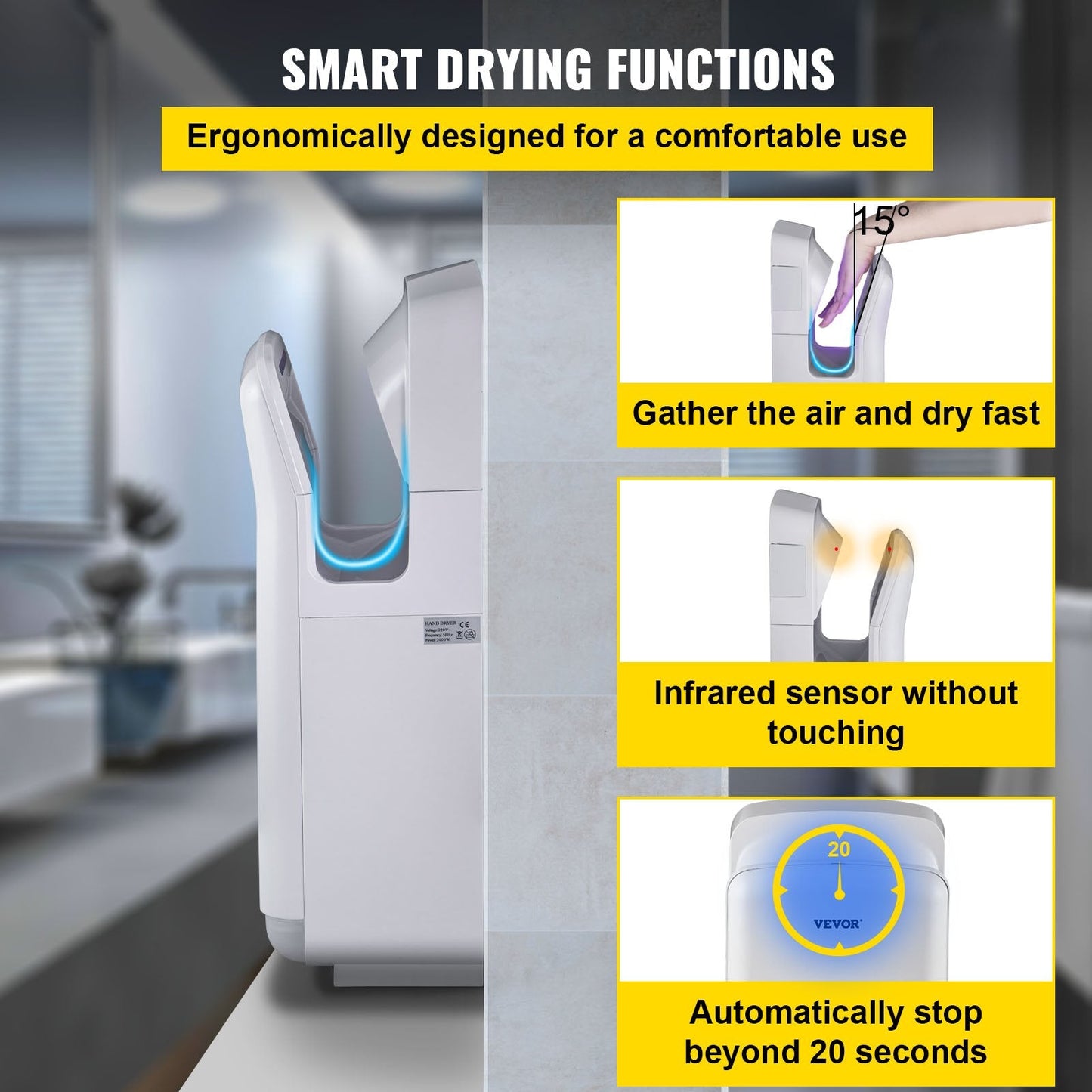 Automatic High-Speed Jet Hand Dryer with HEPA Filtration, White, 8.8 kg