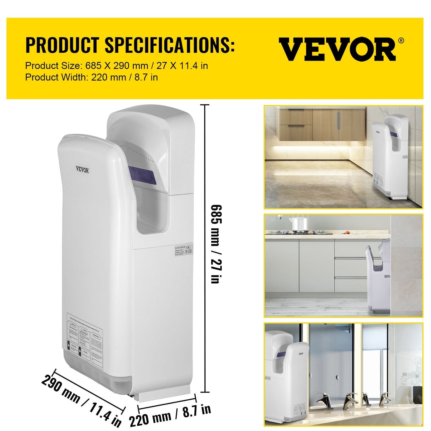Automatic High-Speed Jet Hand Dryer with HEPA Filtration, White, 8.8 kg