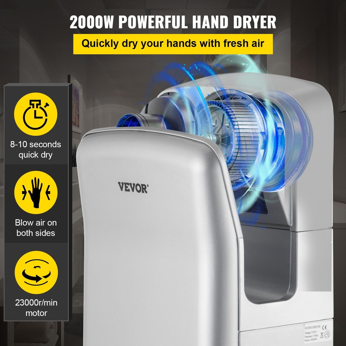 High-Speed Silver Hand Dryer with HEPA Filtration, 2000W, 8-10s Drying Time