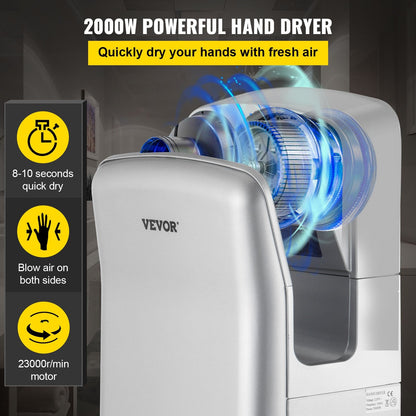 High-Speed Silver Hand Dryer with HEPA Filtration, 2000W, 8-10s Drying Time