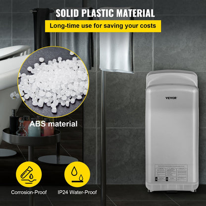 High-Speed Silver Hand Dryer with HEPA Filtration, 2000W, 8-10s Drying Time