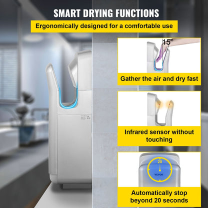 High-Speed Silver Hand Dryer with HEPA Filtration, 2000W, 8-10s Drying Time