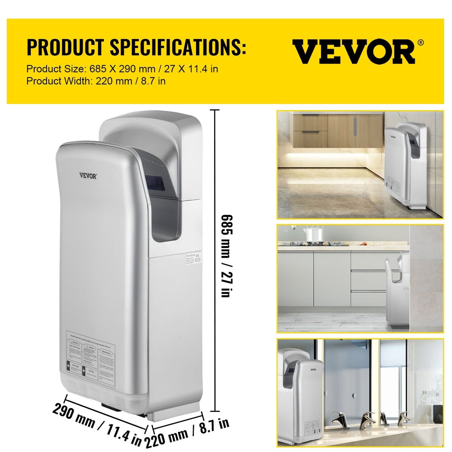 High-Speed Silver Hand Dryer with HEPA Filtration, 2000W, 8-10s Drying Time