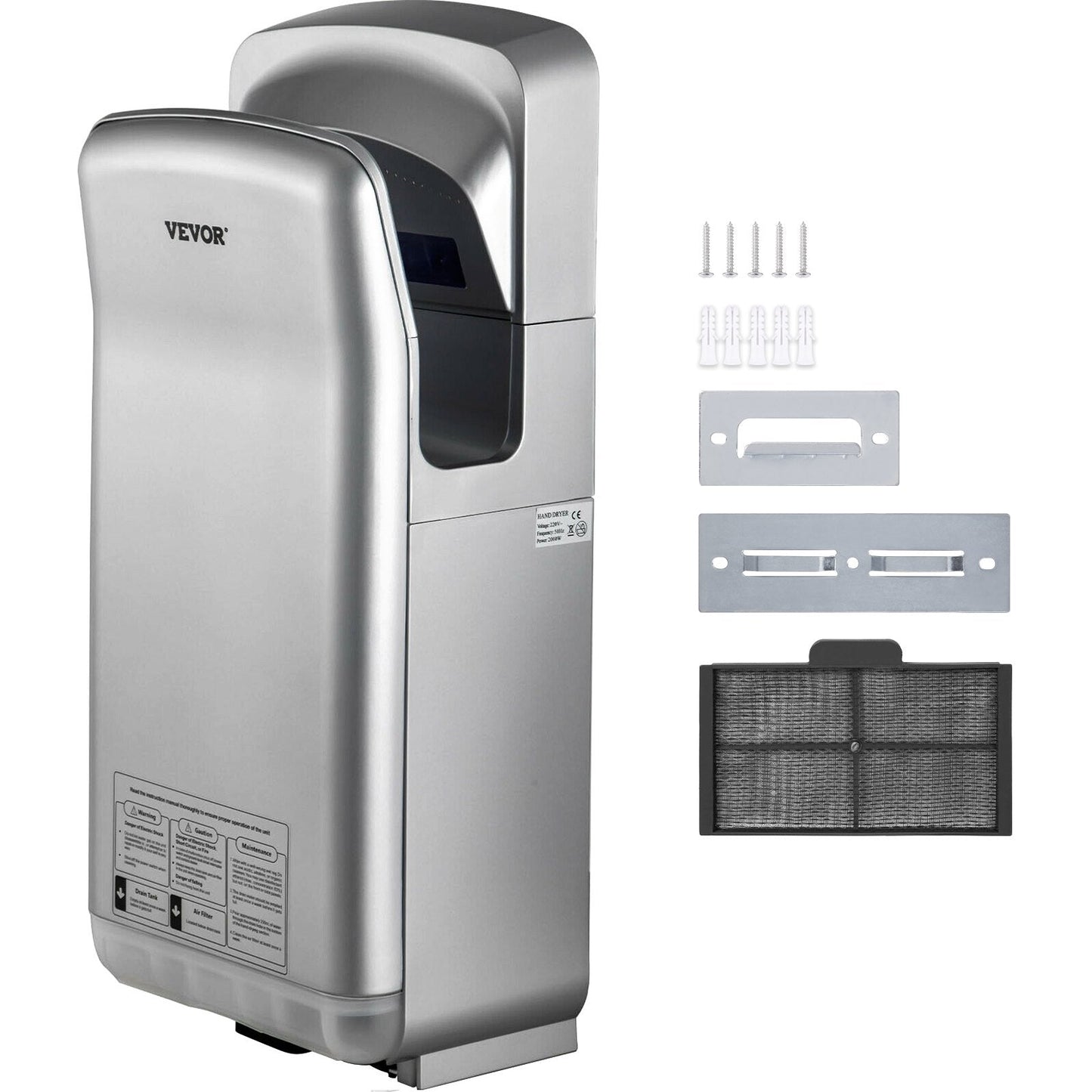 High-Speed Silver Hand Dryer with HEPA Filtration, 2000W, 8-10s Drying Time